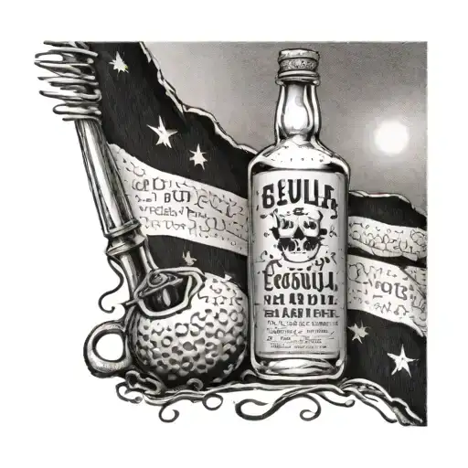 A golf flag planted in a bottle of tequila, with classic rock lyrics written around it tattoo design idea
