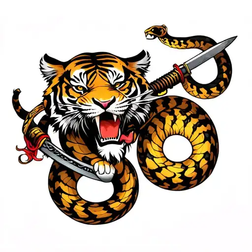 tiger with katana in mouth fighting a snake tattoo design idea