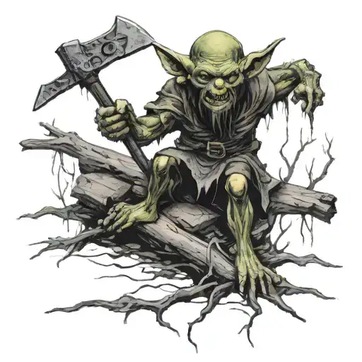 goblin standing on dead bodies with axe tattoo design idea