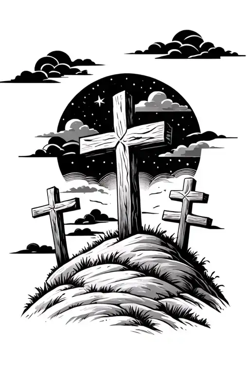 3 wooden crosses on a hill dark sky with clouds an stars tattoo design idea