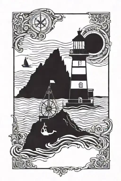 a sea with lighthouse with compass and anchor   tattoo design idea