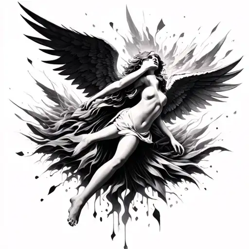 A surrealistic black and gray tattoo blending the image of a falling angel with fragmented wings and feathers disintegra tattoo design idea