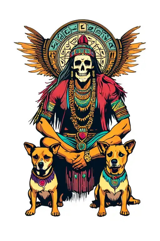 God of death sitting with two dogs Cholo Escuincles and Aztec calendar background tattoo design idea