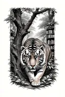 A tiger prowling through a lush forest filled with ancient trees and hidden bookshelves, representing the wild beauty of nature and the joy of reading tattoo design idea