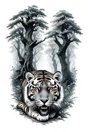 A tiger prowling through a lush forest filled with ancient trees and hidden bookshelves, representing the wild beauty of nature and the joy of reading tattoo design idea