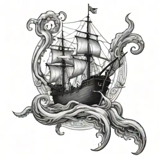 Ship and giant squid tattoo design idea
