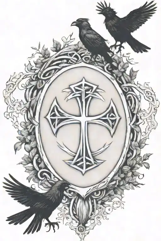 Rooker Family Crest with a celtic cross in a circle as a shield surrounded by cedar trees with  6 Crows tattoo design idea