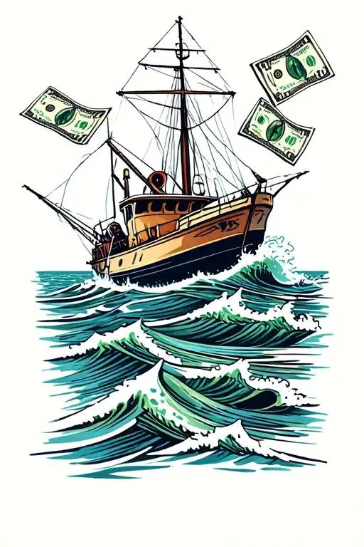 fishing trawler riding on waves of cash the water is the cash money tattoo design idea