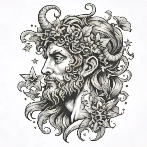Dionysus god with mushrooms and stars coming from head beautiful  tattoo design idea