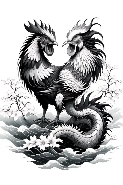 Chinese dragon and rooster facing each other full sleeve, clouds, waves and cherry blossoms as background tattoo design idea