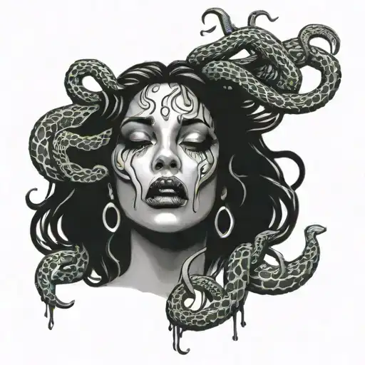 Medusa with snakes covering her mouth with tears dripping down her face tattoo design idea