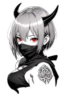 Anime, ninja mask girl, gotic style, short hair with bangs, red eyes and horns tattoo design idea