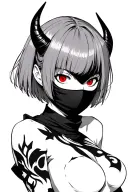 Anime, ninja mask girl, gotic style, short hair with bangs, red eyes and horns tattoo design idea