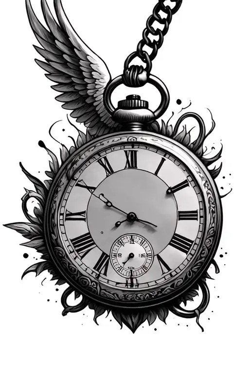 pocket watch w one wing going down the arm tattoo design idea