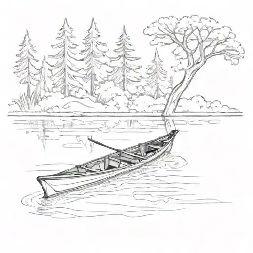 empty kayak, slightly angles towards bottom left, on a calm lake surrounded by trees on all sides tattoo design idea