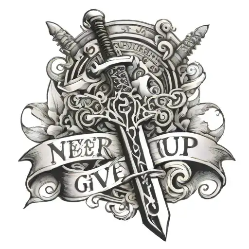 sword with word never give up tattoo design idea