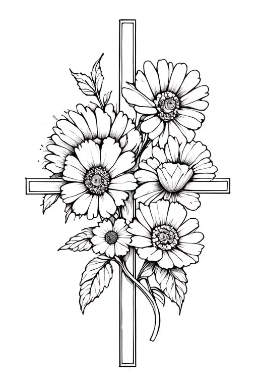 cross with flowers (daisy, poppy, and roses) tattoo design idea