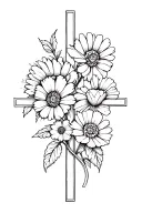 cross with flowers (daisy, poppy, and roses) tattoo design idea