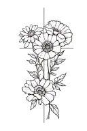 cross with flowers (daisy, poppy, and roses) tattoo design idea