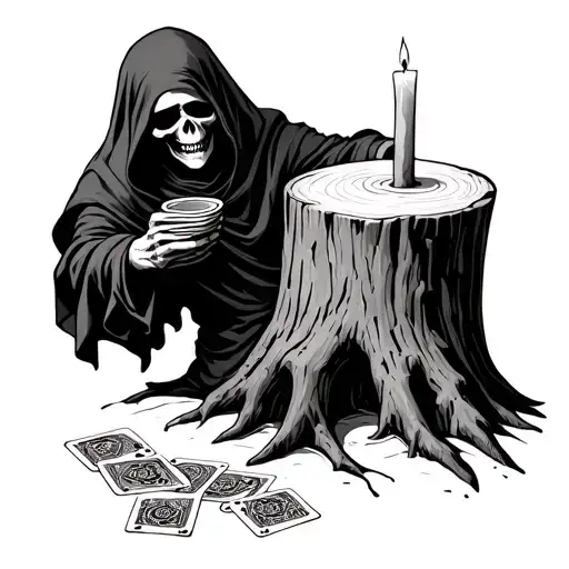 A grim reaper holding a hand full of playing cards over a tree stump table with one melted candle  tattoo design idea