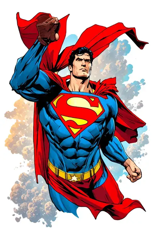 Superman flying upward with right arm raised, Tattered cap, cut outfit, and lex luther, general zoid, and dooms day in t tattoo design idea