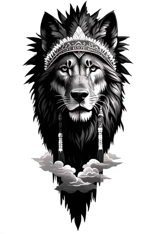lion, wolf, clouds, trees, Indian headdress  tattoo design idea