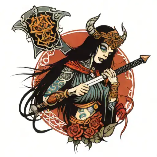 dead, woman, viking, sword tattoo design idea