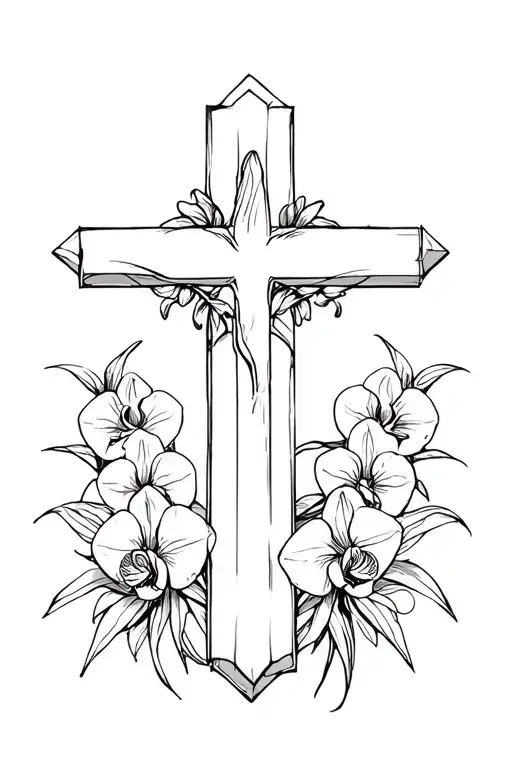 cross with hard fought hallelujah and orchid flowers around it  tattoo design idea