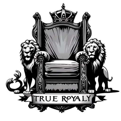 "True Royalty" throne with a crown with lions standing and laying around it  tattoo design idea
