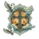 cross with clouds and doves flying tattoo design idea