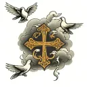 cross with clouds and doves flying tattoo design idea