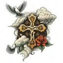 cross with clouds and doves flying tattoo design idea