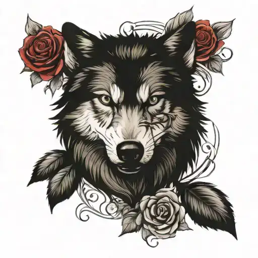 wolf head and roses and vines and the name Gülşen & Melissa tattoo design idea