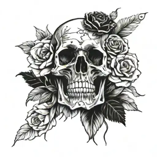 skull and flowers, with thin lines, realistic,  tattoo design idea