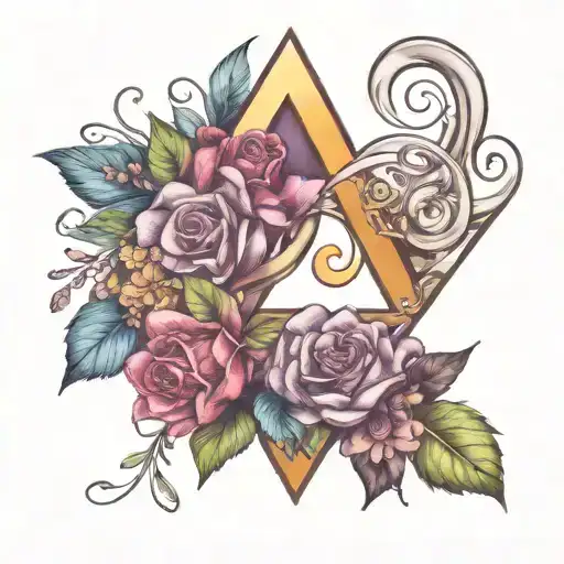 colorful blooming banner, heart, infinity, triangle tattoo design idea