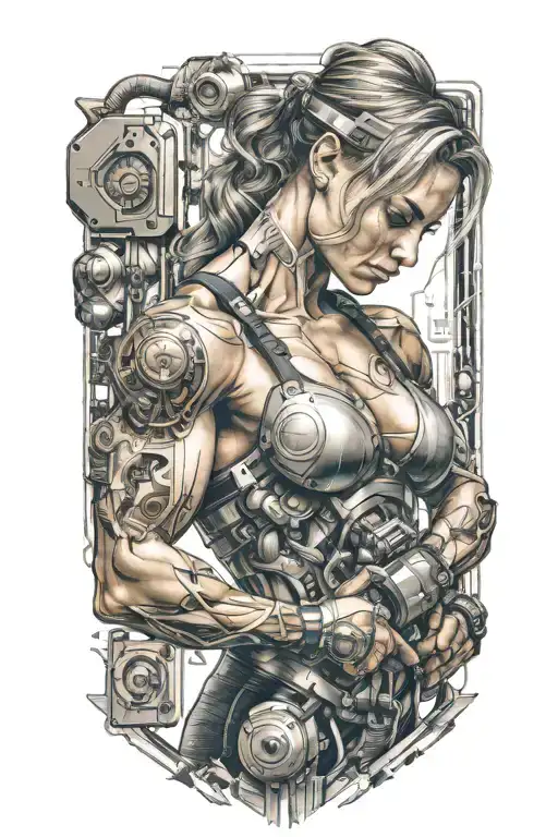 bodybuilder muscular women flexing bicep with technology circuits mechanic merging tattoo design idea