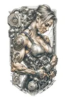 bodybuilder muscular women flexing bicep with technology circuits mechanic merging tattoo design idea
