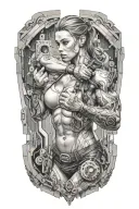 bodybuilder muscular women flexing bicep with technology circuits mechanic merging tattoo design idea
