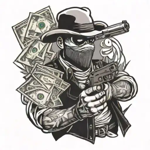 bank robber holding a gun and money tattoo design idea