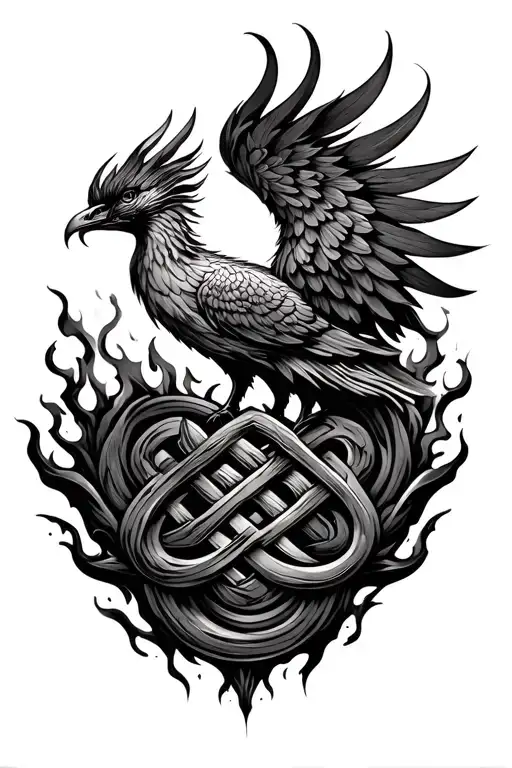 endless knot with japanese phoenix rising from the ashes tattoo design idea