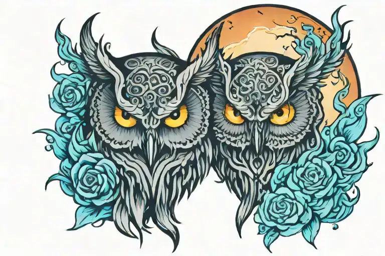 owl moon flaming skull tattoo design idea