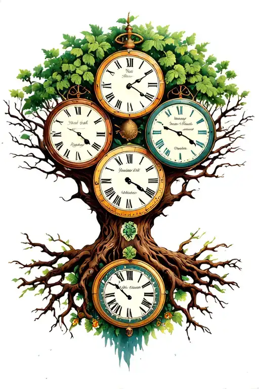 tree of life, four clock faces with names tattoo design idea