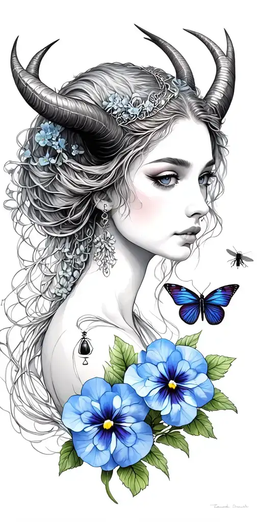 Capricorn woman with horns, Libra scales, pansy flower, butterfly, dragon fly, beetle, tiny blue hydrangea petals tattoo design idea
