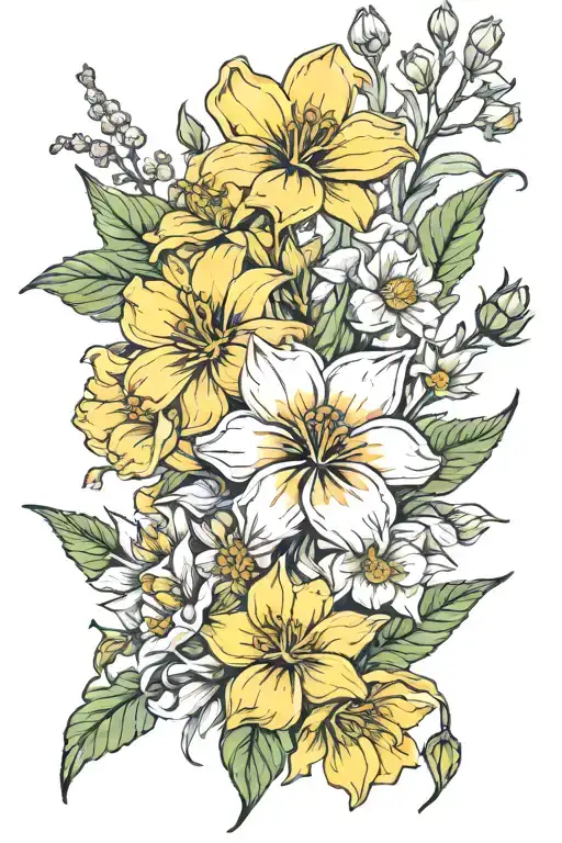 cosmos, marigold, daffodil and jonquils bouquet tied tattoo design idea