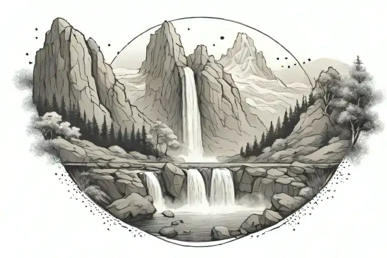 A serene mountain landscape with a majestic waterfall cascading down, with a family of three sitting and a cross, arabic tattoo design idea