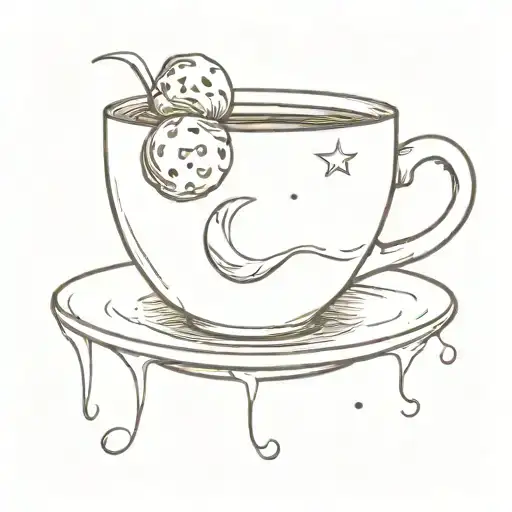 teacup with steam forming the moon and a cookie and pipe on the side tattoo design idea