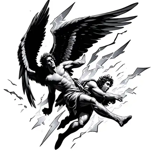A black and gray tattoo of Archangel Michael falling with large broken wings and feathers flying, lightning bolts runnin tattoo design idea