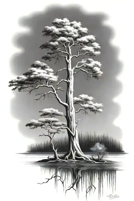 cypress tree, bayou, January and December birth flower tattoo design idea