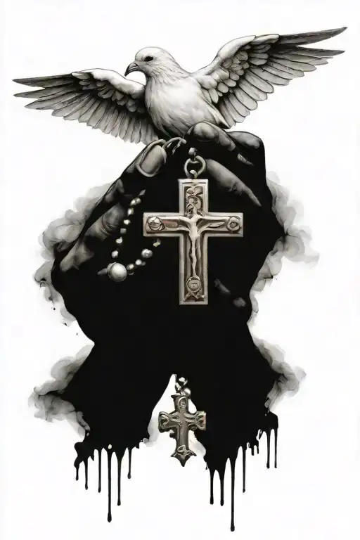 Cross with hands and a rosary. Above is a dove. Background with shadows. tattoo design idea