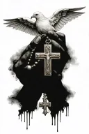 Cross with hands and a rosary. Above is a dove. Background with shadows. tattoo design idea